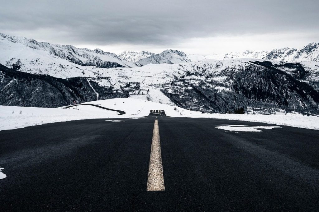 mountains, snow, road, pyrenees, take-off runway, altiport, landscape, nature, winter, snow, road, road, road, road, road, winter, winter